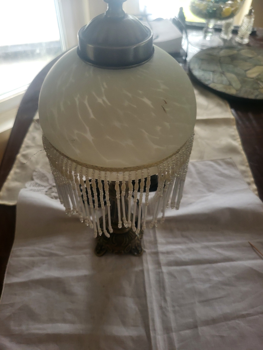 Vintage-Inspired White Beaded Table Lamp - Decorative Home Accent